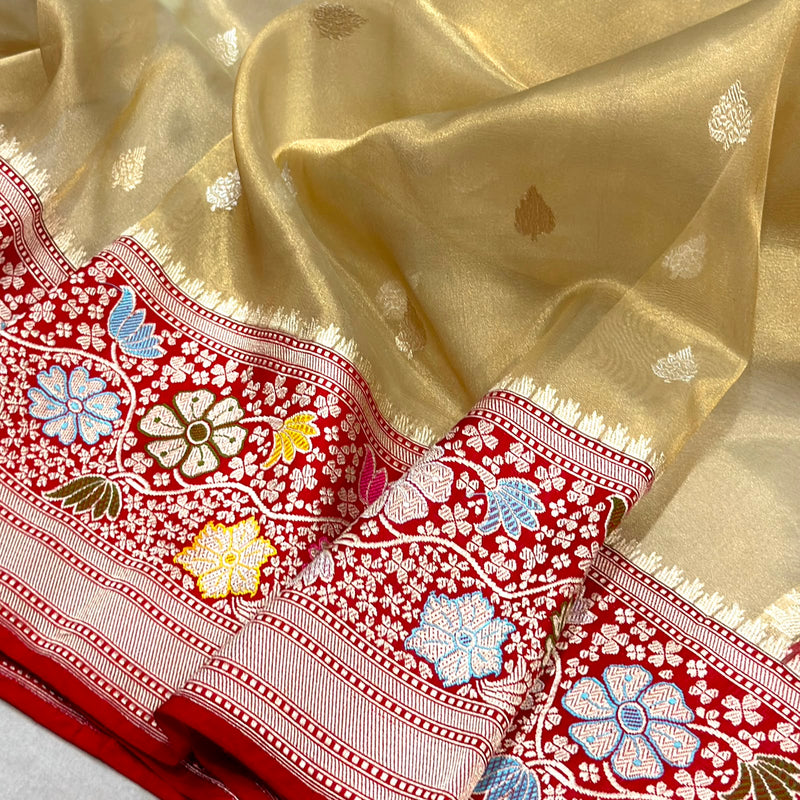 Golden colour pure tissue Handwoven Banarasi saree