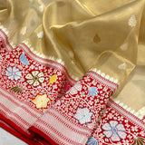 Golden colour pure tissue Handwoven Banarasi saree