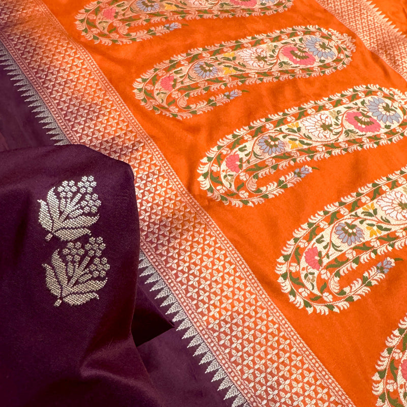 Wine colour pure katan silk Handwoven banarasi saree