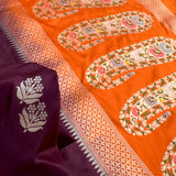 Wine colour pure katan silk Handwoven banarasi saree