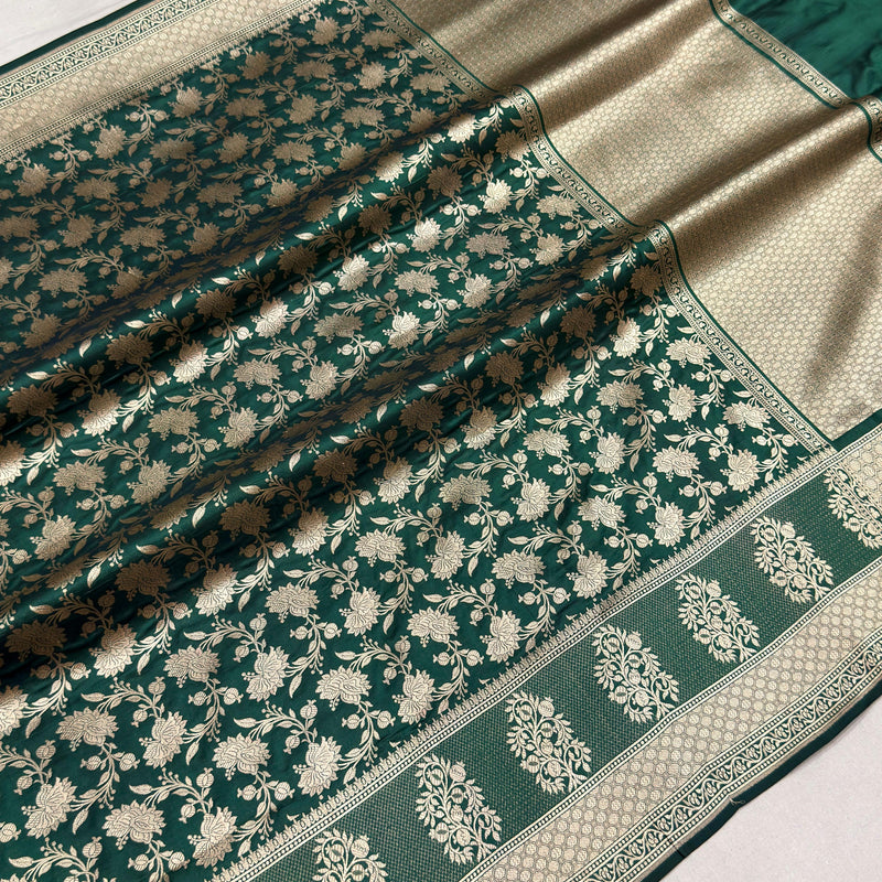 Bottle green colour pure katan silk handwoven banarasi saree