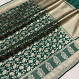 Bottle green colour pure katan silk handwoven banarasi saree