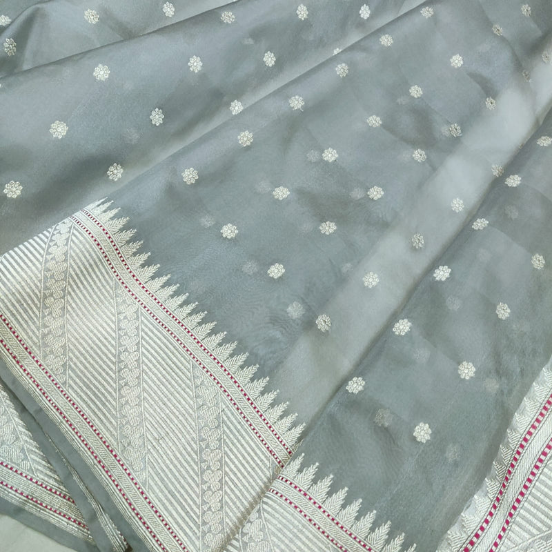 Grey colour pure kora handwoven banarasi saree