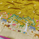 Mustard yellow colour pure katan silk Handwoven banarasi saree