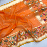 Orange colour pure kora jamdani handwoven banarasi saree