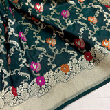 Dark green colour pure katan silk Handwoven banarasi saree