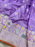 Lavender colour pure katan silk Handwoven banarasi saree