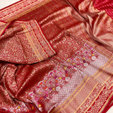 Red colour pure katan silk Handwoven banarasi tanchoi saree
