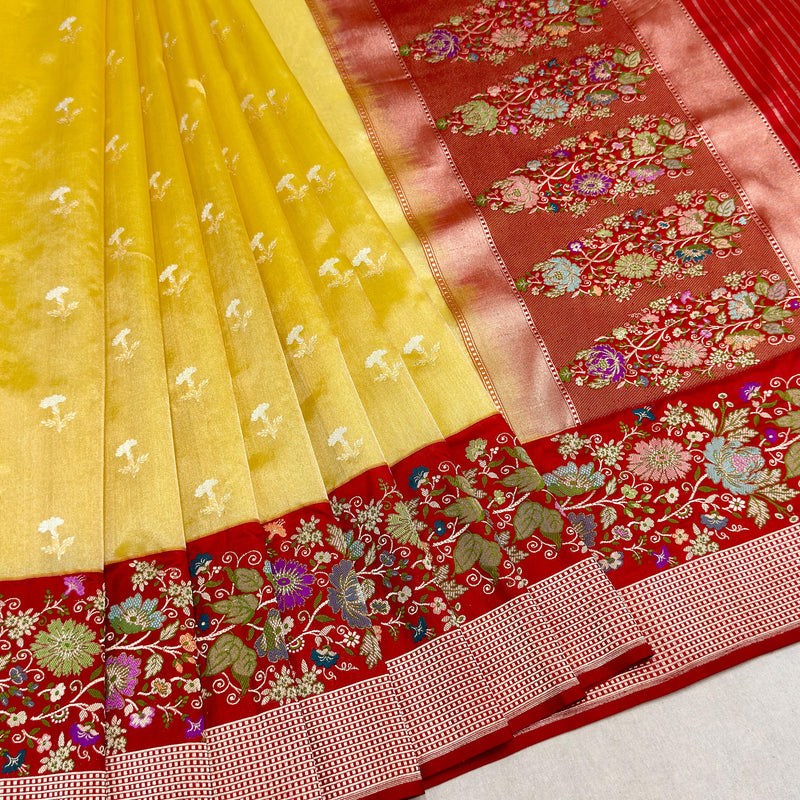 Yellow colour pure tissue Handwoven Banarasi Saree
