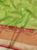 Parrot Green Color Pure Kora Silk Handwoven Banarasi Saree