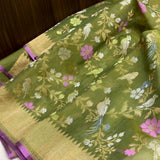 Mehandi green colour pure kora jamdani Handwoven banarasi saree