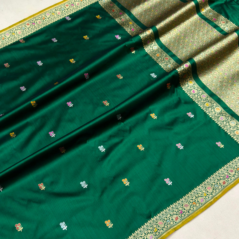 Dark green colour pure katan silk handwoven banarasi saree