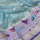 Blue colour pure kora handwoven banarasi saree