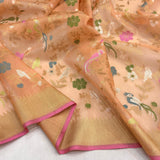 Peach colour pure kora jamdani handwoven Banarasi saree