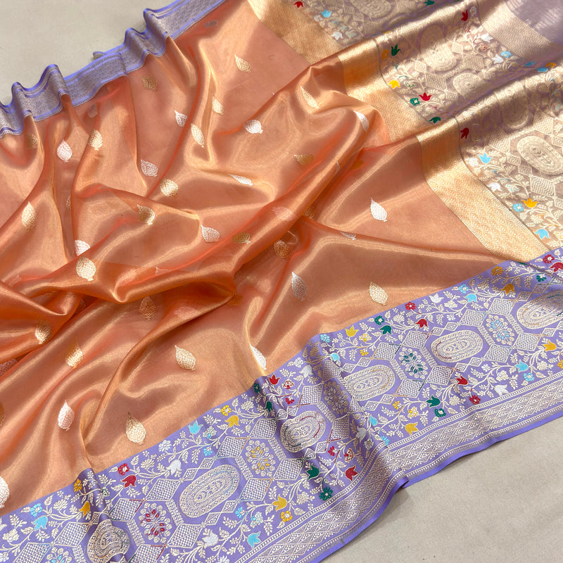 Peach colour pure tissue Handwoven Banarasi saree