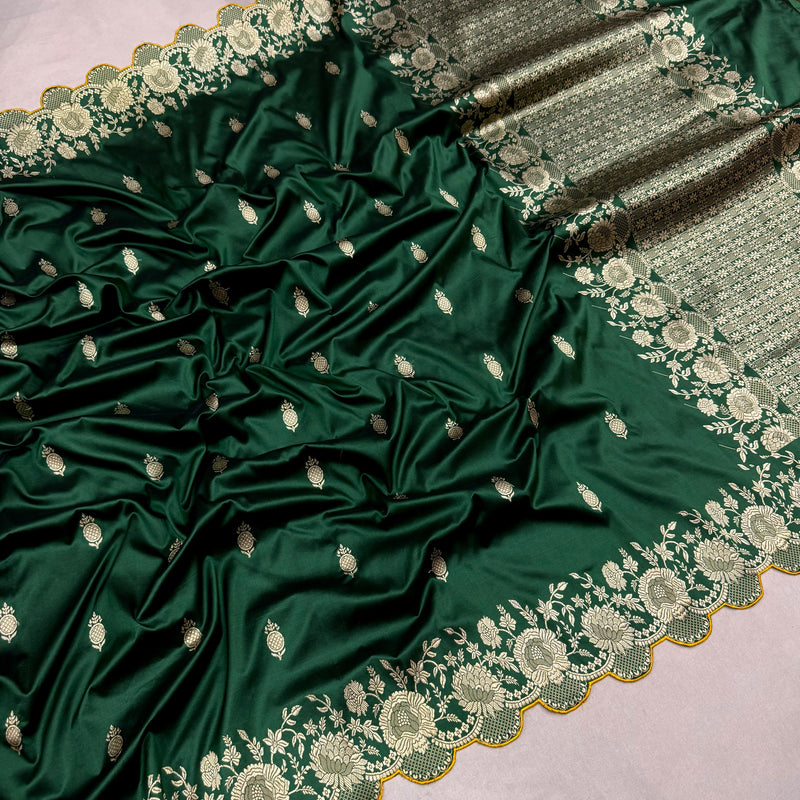 Dark green colour pure katan silk handwoven Banarasi saree