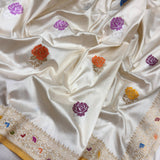 Off white colour pure katan silk handwoven banarasi saree