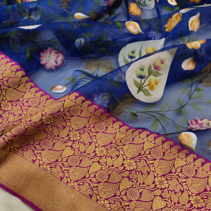 Blue Color Pure Kora Silk Handwoven Banarasi Saree