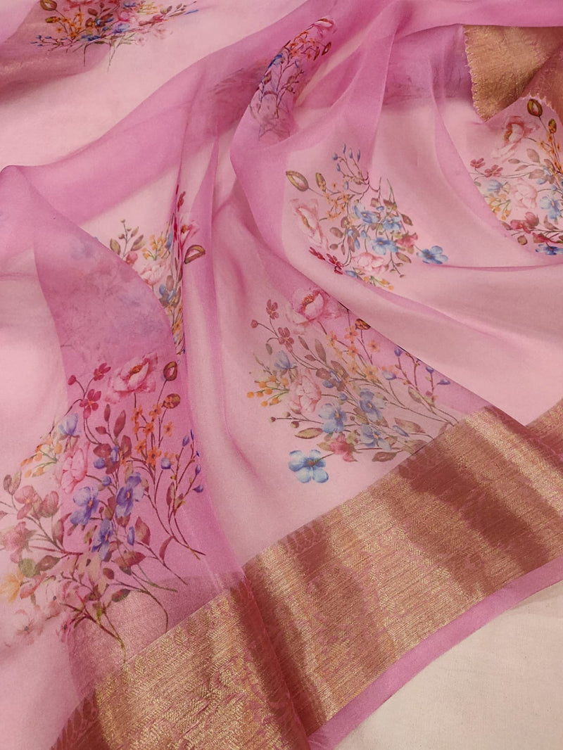 Pink colour Pure Kora Silk Handwoven Banarasi Saree
