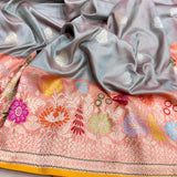 Grey colour pure katan silk Handwoven banarasi  saree