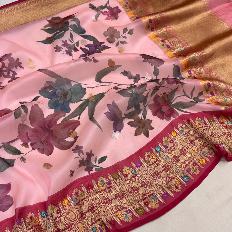 Multicolour Pure kora digital print handwoven banarasi saree