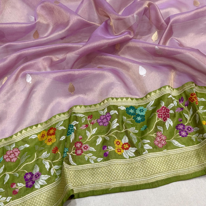 Lavender colour pure tissue handwoven banarasi saree