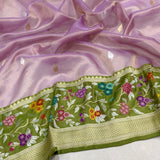 Lavender colour pure tissue handwoven banarasi saree
