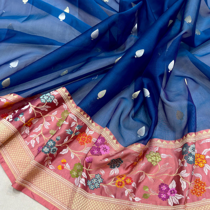 Peacock colour pure kora Handwoven Banarasi saree