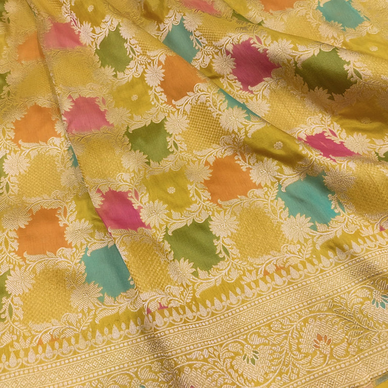 Yellow Color Pure Katan silk Handwoven banarasi rangkat saree