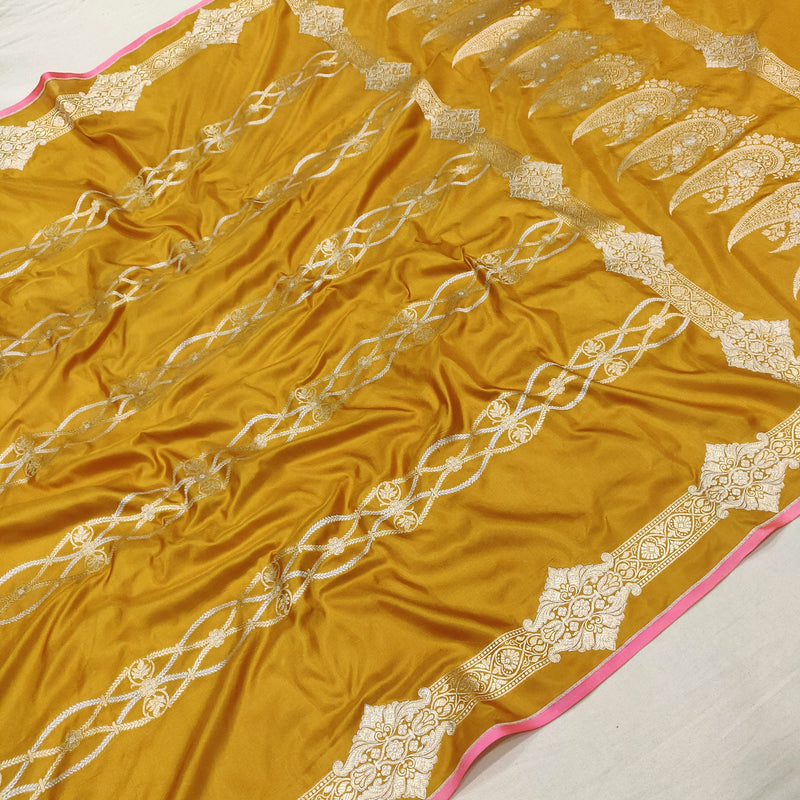 Mustard yellow Colour Pure Katan Silk Handwoven Banarasi Saree
