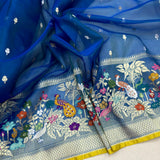 Peacock colour pure kora jamdani Handwoven banarasi saree
