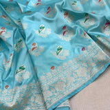 Sky Blue colour pure katan silk Handwoven banarasi saree
