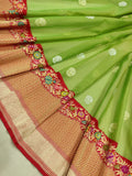 Parrot Green Color Pure Kora Silk Handwoven Banarasi Saree