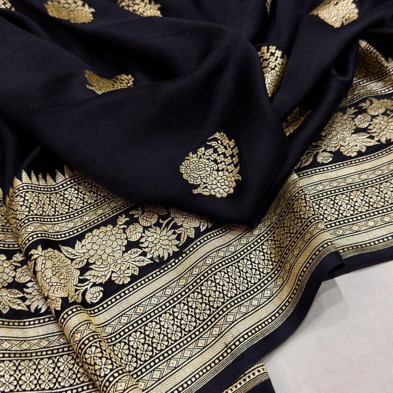 Black colour pure Mashru Silk Handwoven banarasi saree