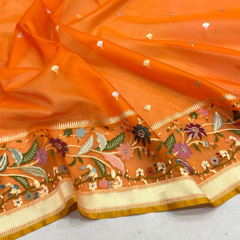 Orange colour pure kora jamdani handwoven banarasi saree