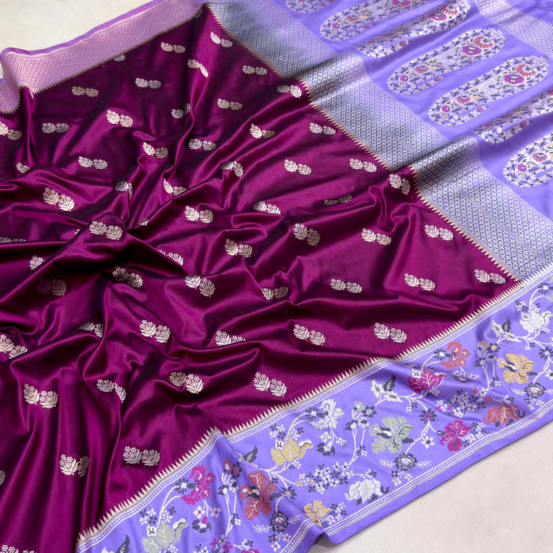 Magenta colour pure katan silk Handwoven banarasi saree