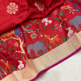 Red colour pure katan silk Handwoven banarasi paithani saree