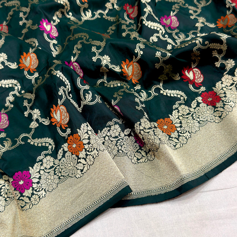 Dark green colour pure katan silk Handwoven banarasi saree