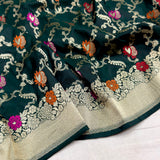 Dark green colour pure katan silk Handwoven banarasi saree