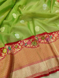 Parrot Green Color Pure Kora Silk Handwoven Banarasi Saree
