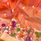 Orange color pure kora handwoven banarasi saree