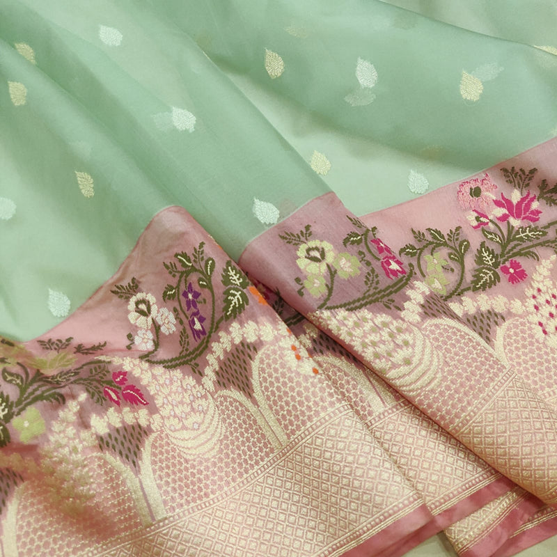 Light green Color Pure Kora Silk Handwoven Banarasi Saree