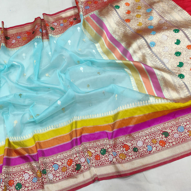 Sky Blue colour pure kora Handwoven Banarasi saree