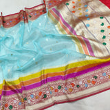 Sky Blue colour pure kora Handwoven Banarasi saree