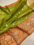 Mehndi Green Color Pure Kora Silk Handwoven Banarasi Saree