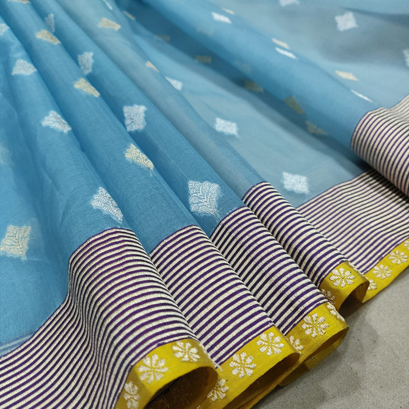 Sky blue Colour Pure Kora Silk Handwoven Banarasi Saree