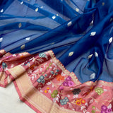 Peacock colour pure kora Handwoven Banarasi saree