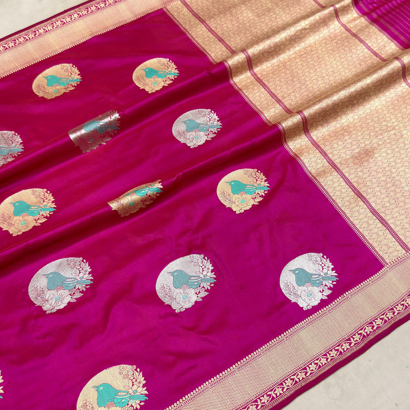Rani pink colour pure Mashru Silk Handwoven banarasi saree