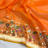 Orange colour pure kora jamdani handwoven banarasi saree