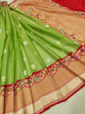 Parrot Green Color Pure Kora Silk Handwoven Banarasi Saree